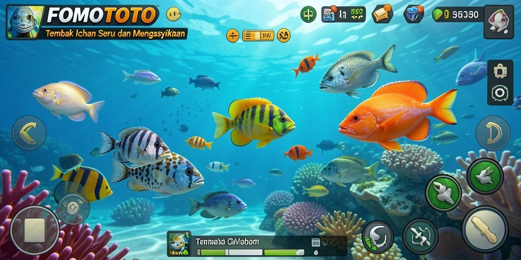 Screenshot gameplay FOMOTOTO menampilkan aksi tembak ikan yang seru.