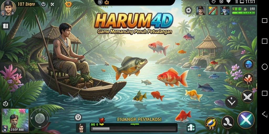 Tampilan screenshot dari gameplay HARUM4D yang menampilkan aksi memancing seru.