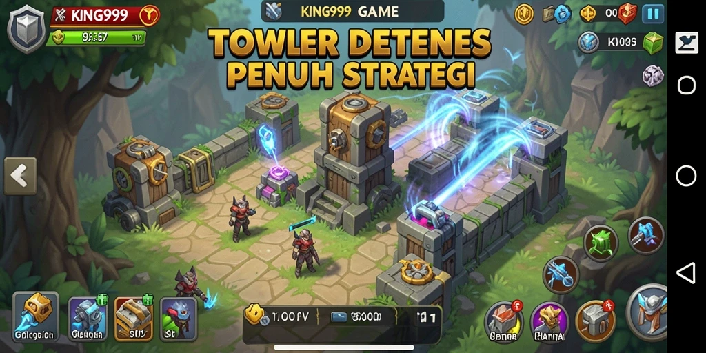 Tampilan gameplay KING999 yang menegangkan di arena tower defense.