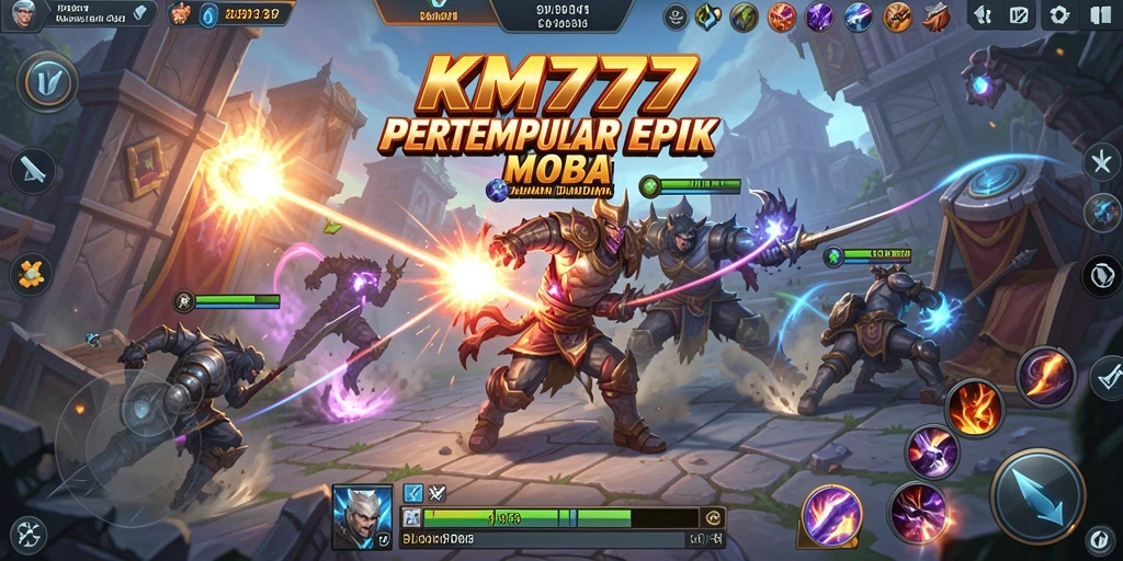 Tangkapan layar utama KM777 menampilkan aksi pertempuran karakter MOBA.