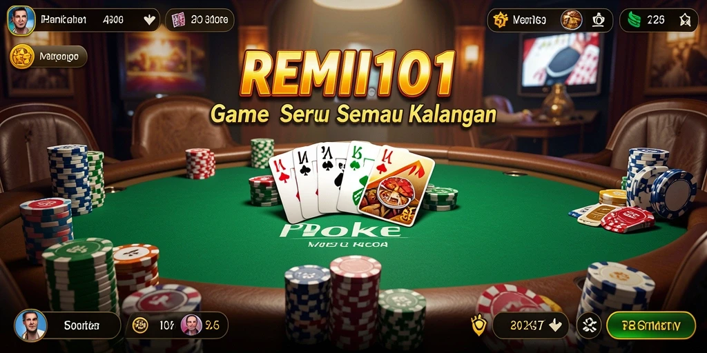 Screenshot gameplay REMI101 yang menampilkan suasana seru permainan poker.