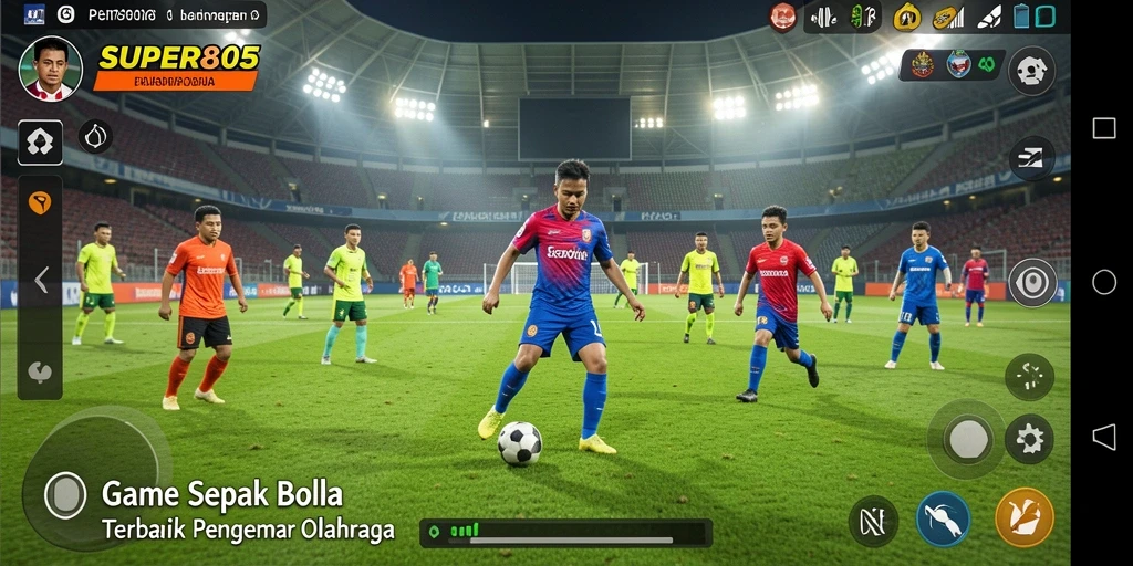 Tangkapan layar dari gameplay SUPER805 yang penuh aksi sepak bola.